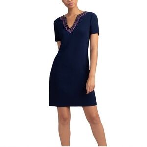 Trina Turk Navy Mini Dress with Pink & White Beaded V-Neckline